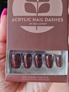 Red Aspen Acrylic Nail Dashes — Sparkling Deep Burgundy